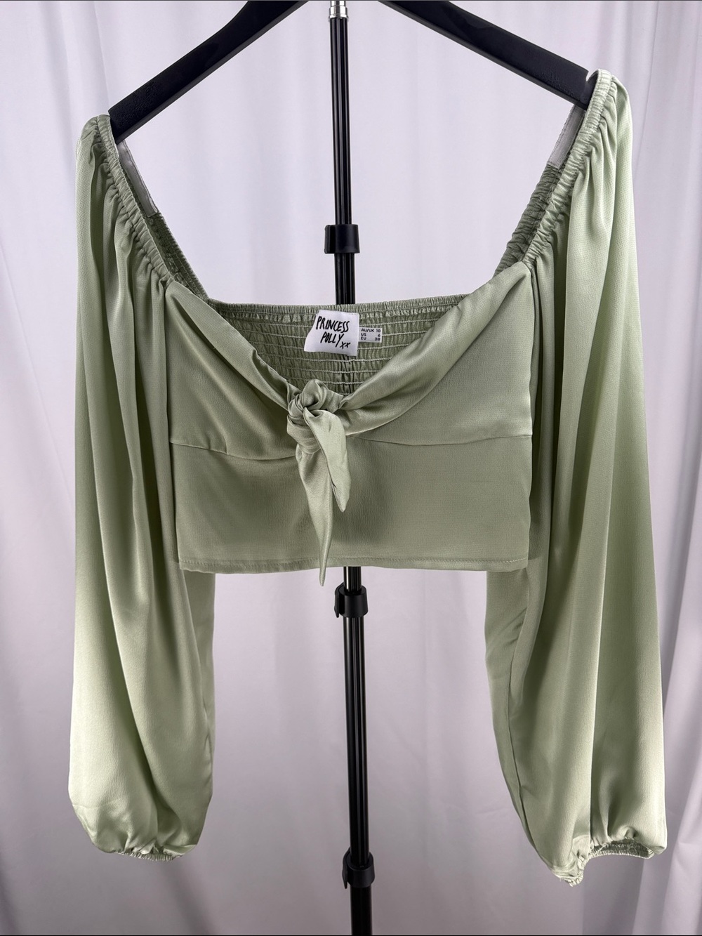 Princess Polly Light Sage Off-Shoulder Tie-Front Crop Top